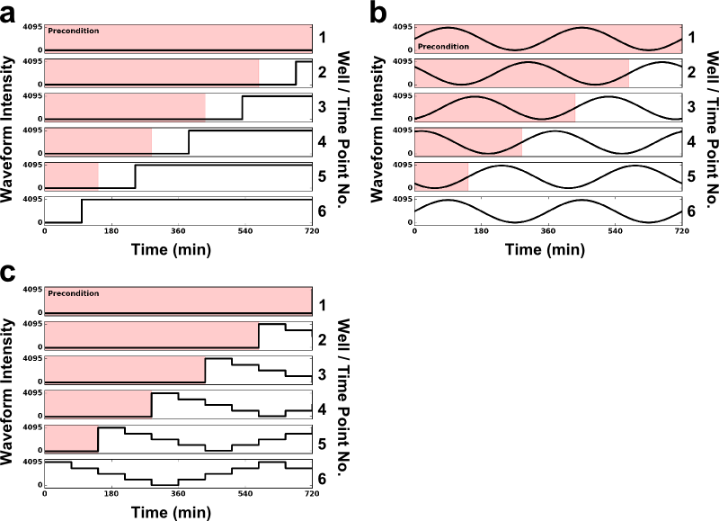 Schematic of the staggered-start algorithm. The schematic above demonstrates how the staggered-start algorithm is used to produce light time courses corresponding to desired time points in an experiment for each dynamic waveform in Iris: (a) a step input, with the step occurring at t=100min; (b) a sine waveform with 360min period; and (c) an arbitrary waveform. The plots demonstrate this process for 6 equally-spaced time points (subplots corresponding to the right axis) on each dynamic waveform. In this example, Well 1 corresponds to the t=0min time point, and therefore experiences the Precondition input (red overlay) for the entire experiment, while Well 6 corresponds to the t=720min time point, and experiences no preconditioning.